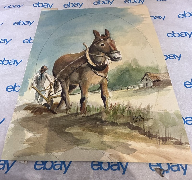 George Holley Watercolor Painting Mule Plowing Field Southern Farm Scene 10×13 V