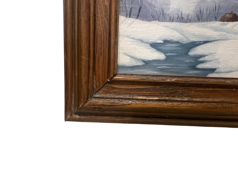 Vintage Small Signed Snowy Landscape Cabins on River PAINTING 7x8 gallery