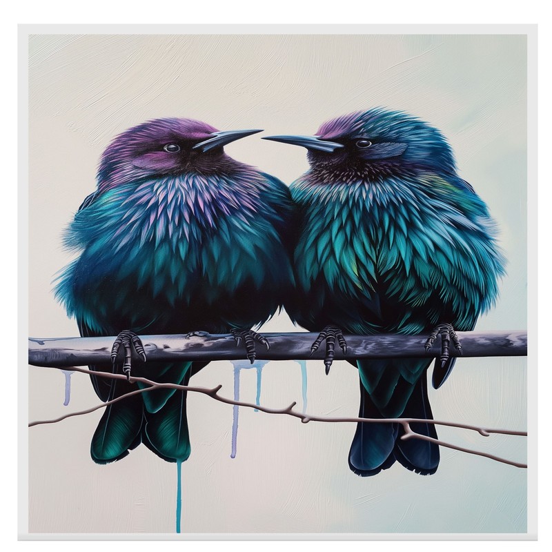 Teal and Purple Bird Pair Art on Backdrop Flat Rolled, Framed or Wrapped Canvas gallery