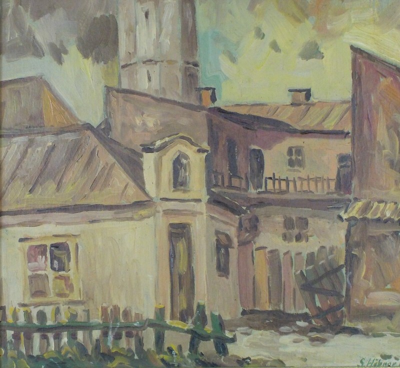 Vintage Original 1962 Oil Painting of a Village Landscape by S. Hubner Listed gallery
