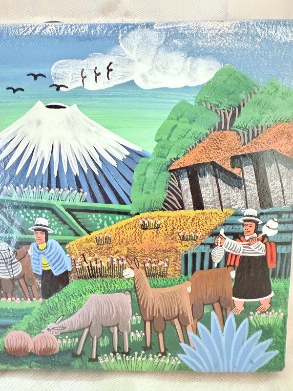 Vintage Folk Art Painting on Sheepskin Leather Tigua Ecuador gallery