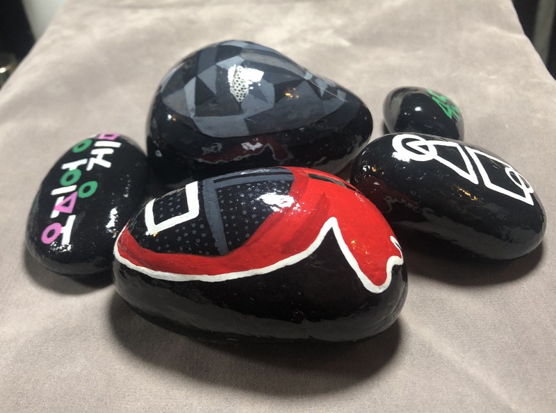 Hand Painted Rock With Acrylic Paint/ Seal With Art Resin/ Squid Game gallery