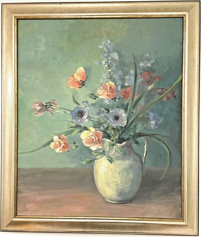 Vintage Impressionist Still Life Floral Oil Painting 34×30 Signed