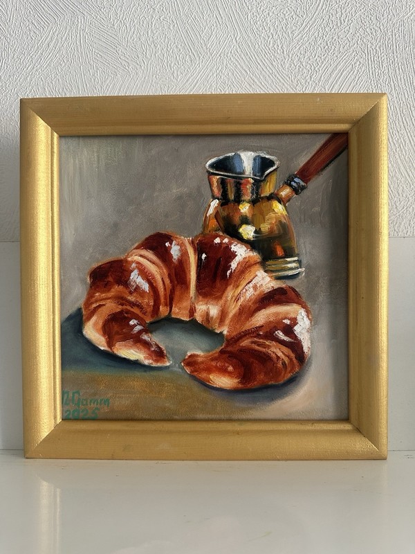 Oil Painting Still Life Art For Kitchen Gift Croissant Coffee 20x20cm Wall Art