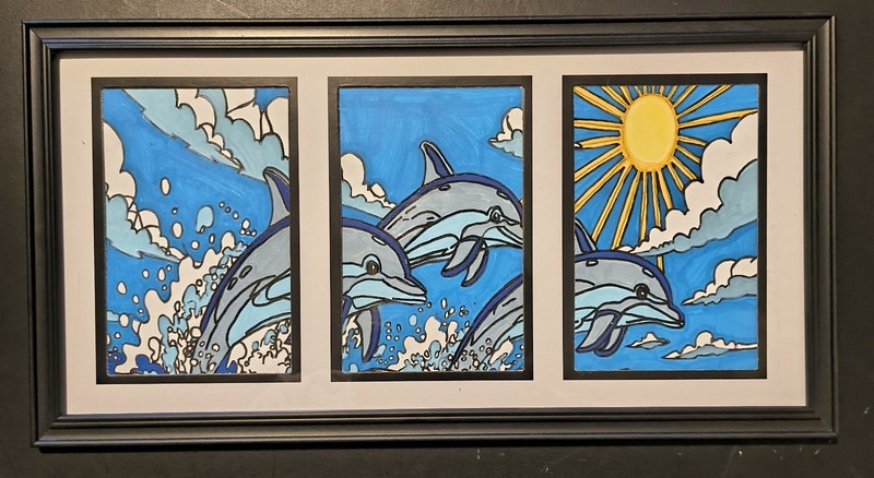 Hand Drawn And Painted 3 Frame “Sunlit Dolphin Dance”