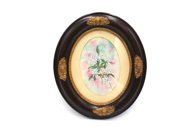 Early 20th Century Americana Water Color Painting in Oval Frame Floral gallery