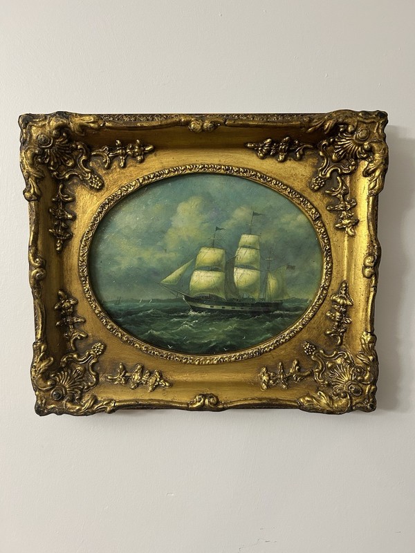 ANTIQUE CLIPPER SHIP OIL PAINTING ON BOARD – F BREMER BARTHOLOMAUS HAMBURG.