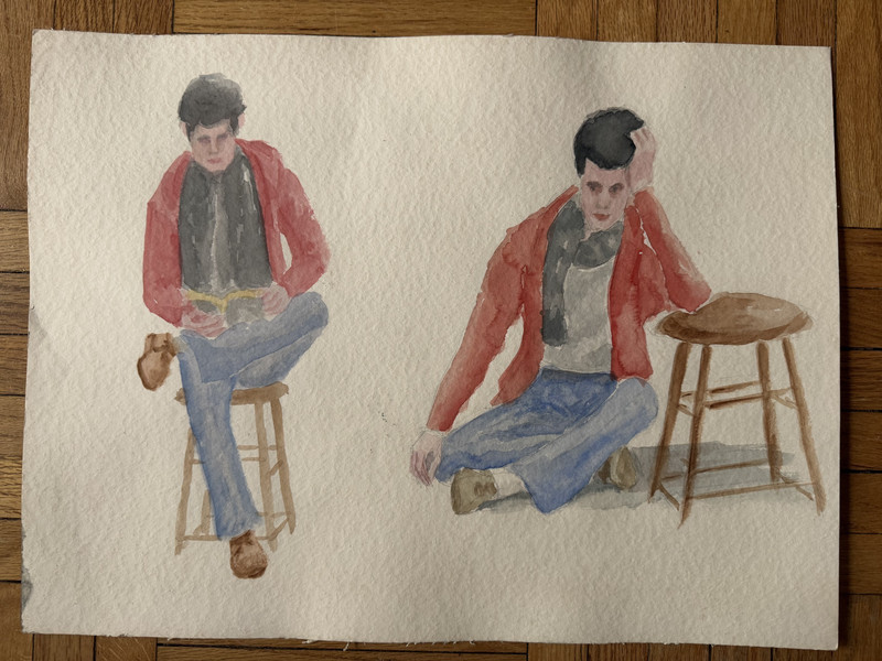 Vintage Watercolor Study Painting Man Two Poses Peter Feldman 15 x 20
