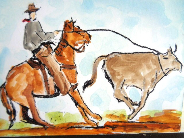 ACEO Country FARM COWBOY HORSE BULL Painting ART