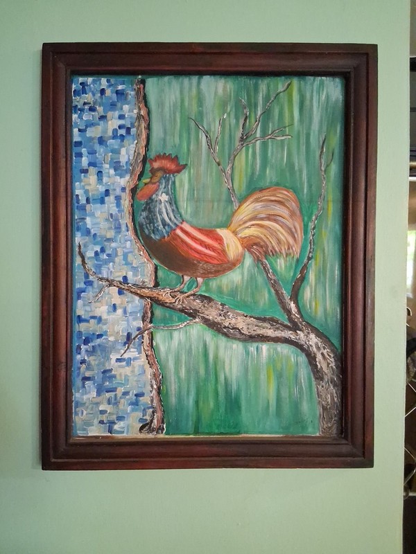 Gallo con la Bandera de Puerto Rico pintura en acrilico enmarcado de R.Ramirez gallery