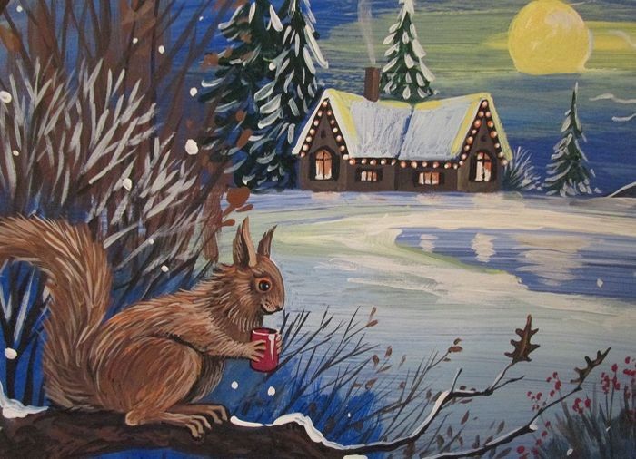 ACEO PRINT OF PAINTING RYTA WINTER FARM SQUIRREL COCOA SANTA XMAS Folk Art House