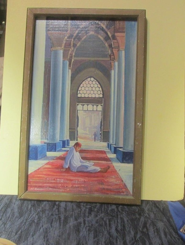 Painting on Board Muslin on Prayer Mat Inside Temple by Francisco Rapoza, Listed