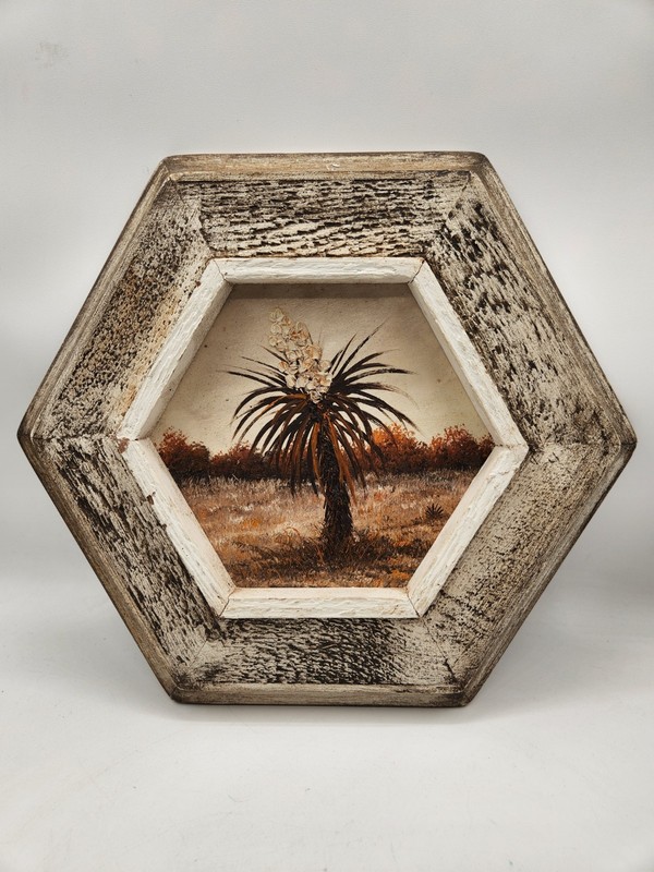 Vtg Original Painting Flower Yucca Desert Scene Rustic Hexagon Wood Frame Cactus