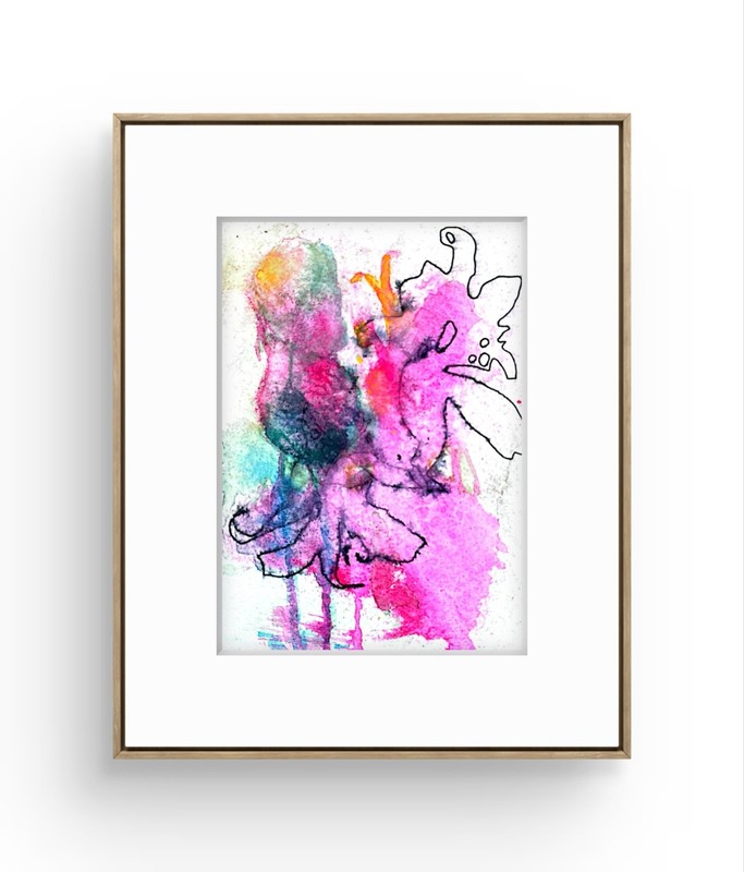 Original Floral Painting 5×7 Ink Canvas Pink Teal Signed Contemporary