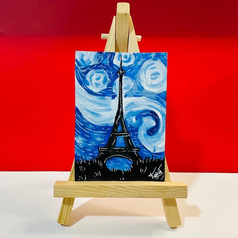 ACEO Original Acrylic Painting Eiffel Tower Paris Starry Night Sky Landscape Art gallery