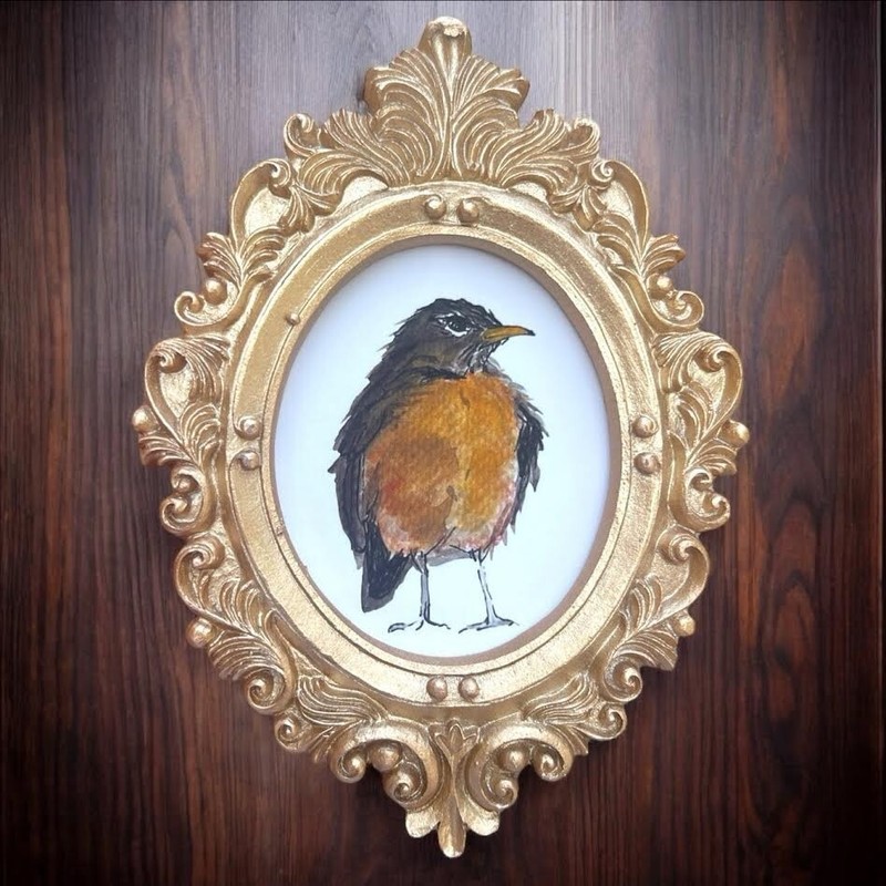 American Robin bird mini gold ornate framed print of watercolor painting