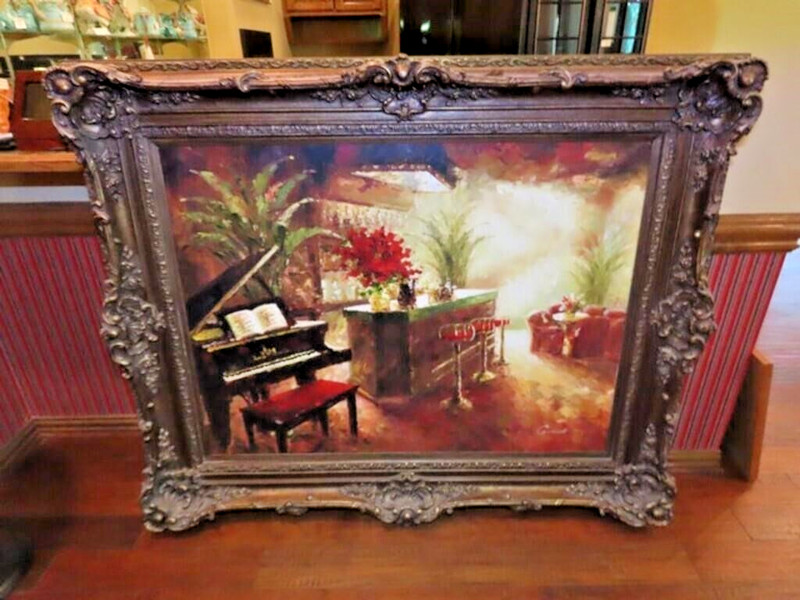 Huge Framed Oil Painting Grand Piano Lounge Scene Artist Signed 63″x51″ Ornate