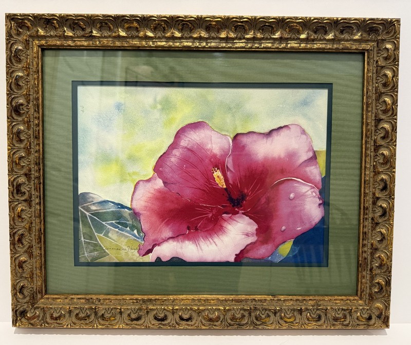 Hibiscus Framed Watercolor Painting Signed Germaine Hughes, 21.5”W x 17.5”H gallery