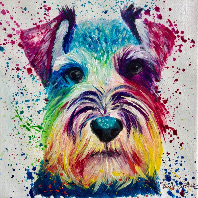 Original Art, Miniautre Schnauzer Dog, Vibrant Pop Art 8x8in Canvas Painting