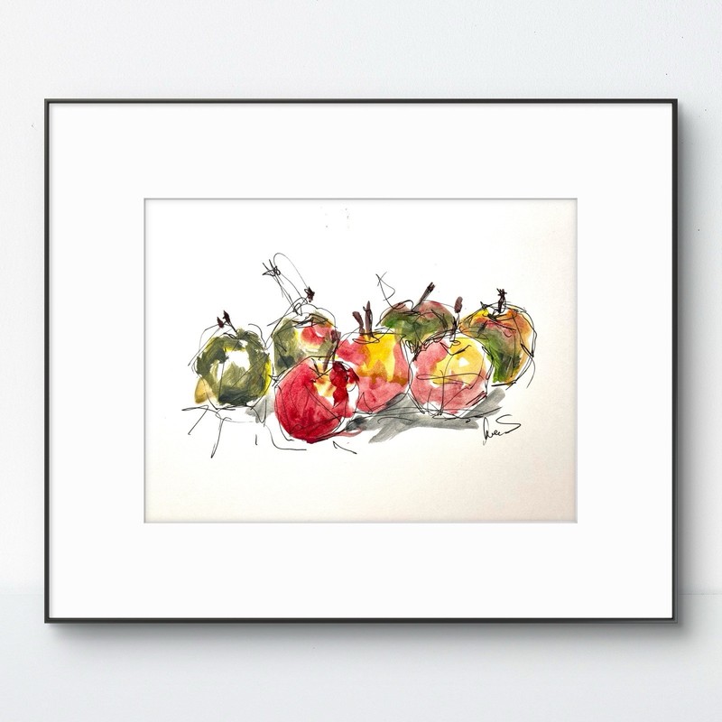 Original Abstract Expressionism 9X12 Apples Ink Colorful Handmade Signed 15
