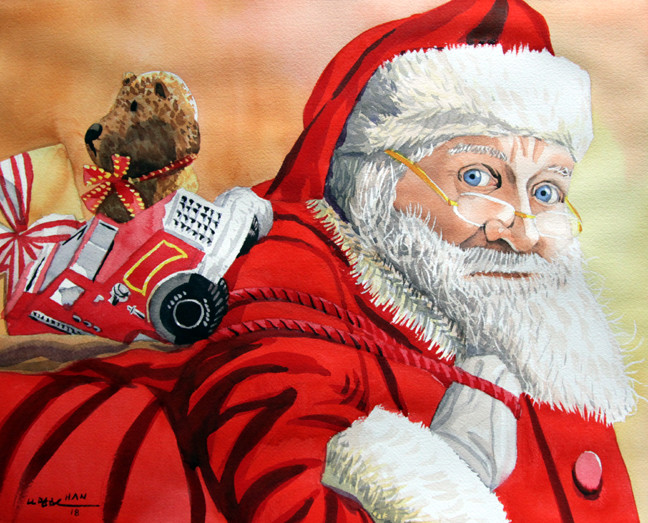 Christmas 4, Santa Claus, Gift, Original Watercolor Painting, Signed, Art, 20×16