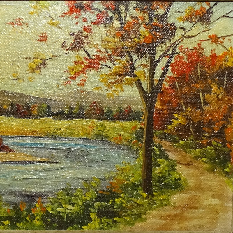 1953 Miniature Autumn Landscape Oil Painting O/B Stream Trees Signed Helen Cox gallery