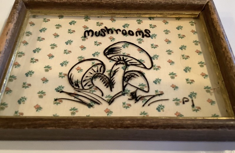 Mushroom Toadstool Art Hand Painted Reverse Glass VTG 1970s Framed 7.75x5.75 In gallery