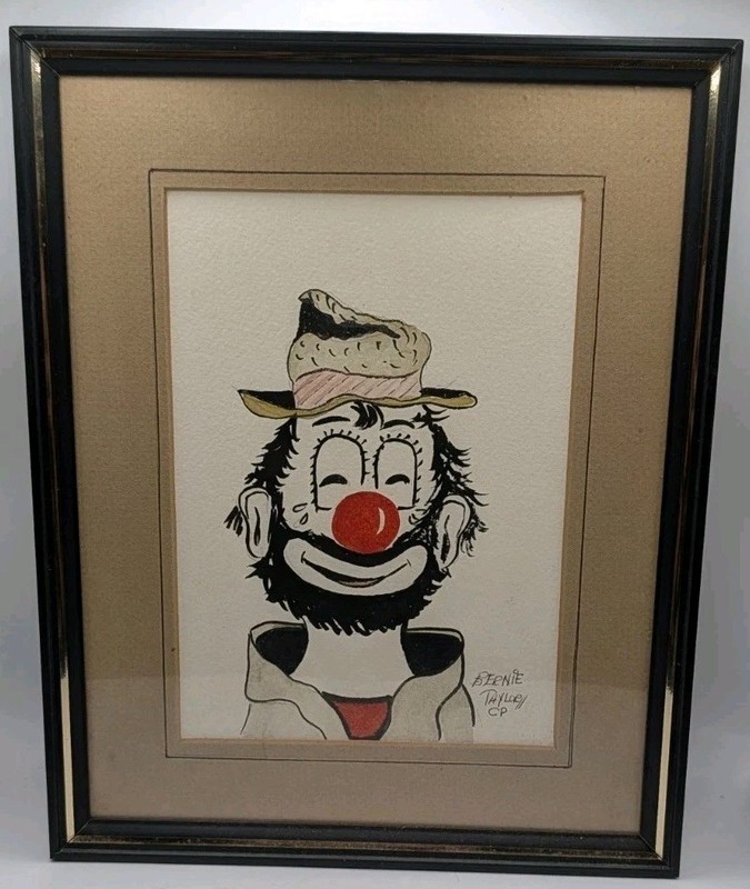 Original Clown Portrait Painting Signed Bernie Taylor CP Framed Folk Art