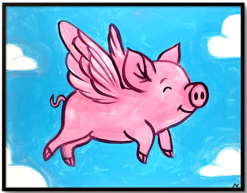 Whimsical Flying Pig Painting, Original Fantasy Animal Art on Canvas 11×14