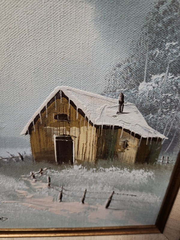 Vintage Cabin In Winter Landscape Painting Signed Roland Wood Frame Blue Accent gallery