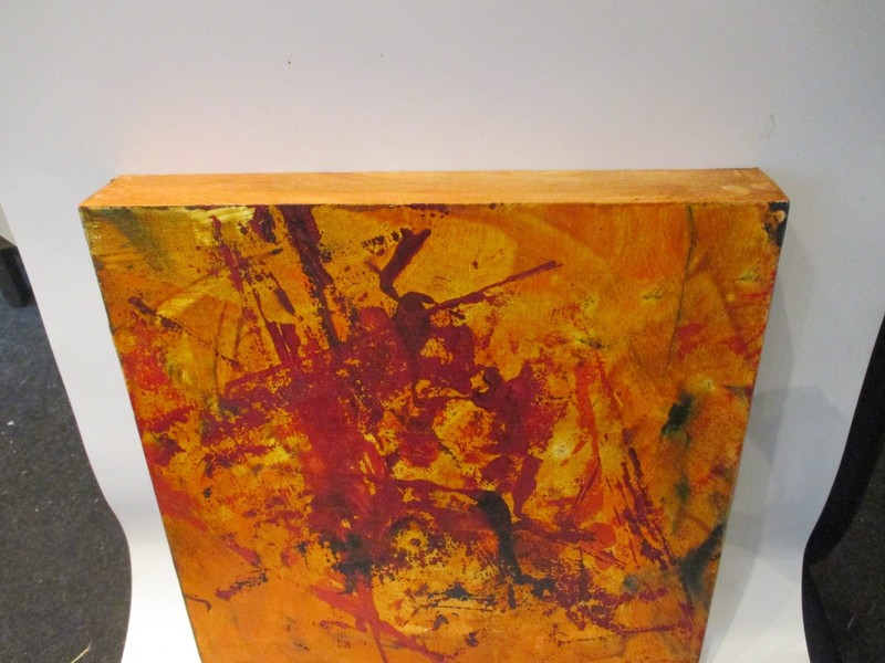abstract green orange mixed media oil painting LW 40x40x6 cm color composition original gallery