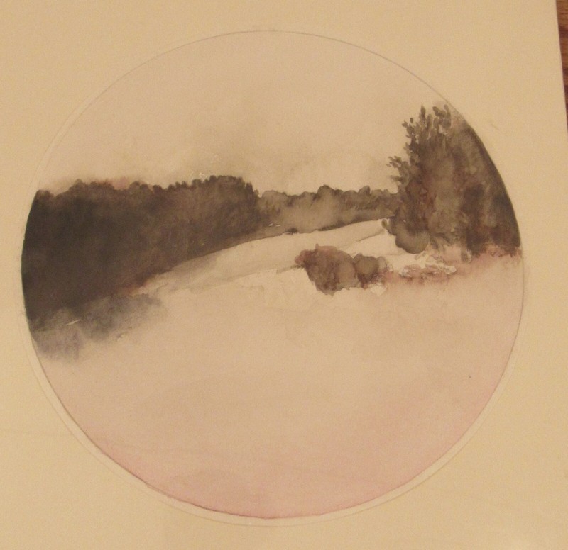 Signed Karen Fitzgerald watercolor landscape painting Winterfield 15x11" gallery