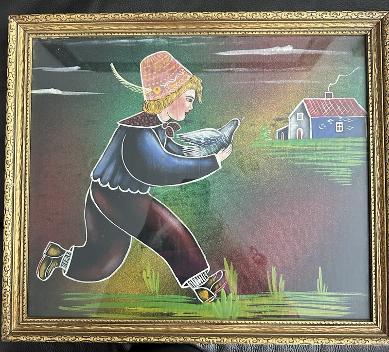 Vtg Mid-Century Folk Art Portrait Boy • Polish/Eastern European Gouache Painting
