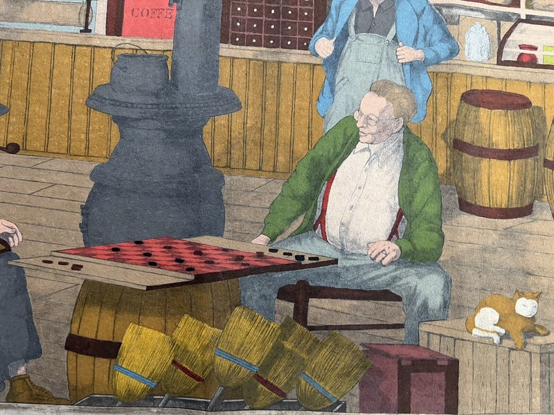 Men in Storeroom Playing Checkers, Vintage Illustrastion Painting On Felt Canvas gallery