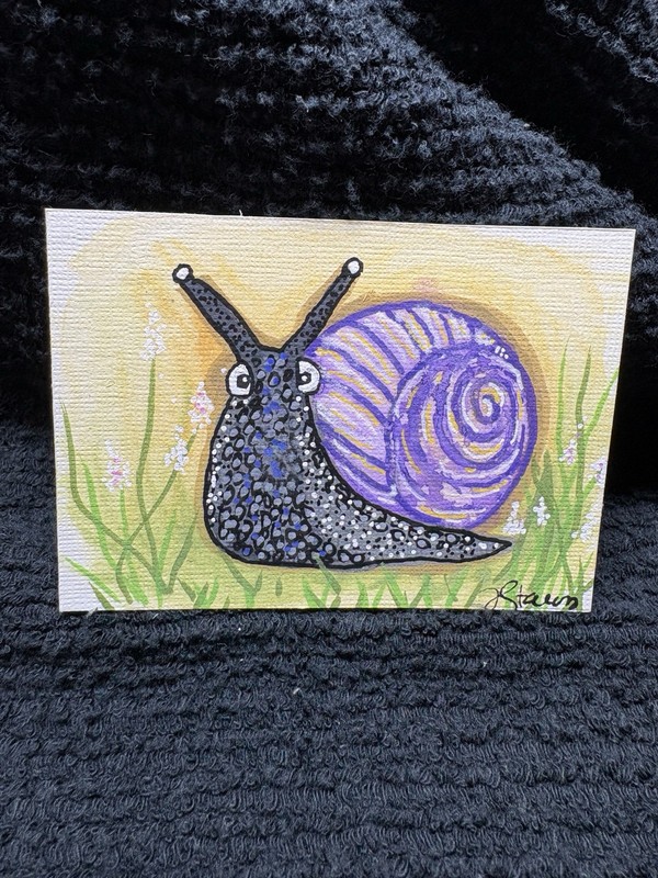 ACEO Original Happy Snail Yellow And Purple Colors Signed By Artist