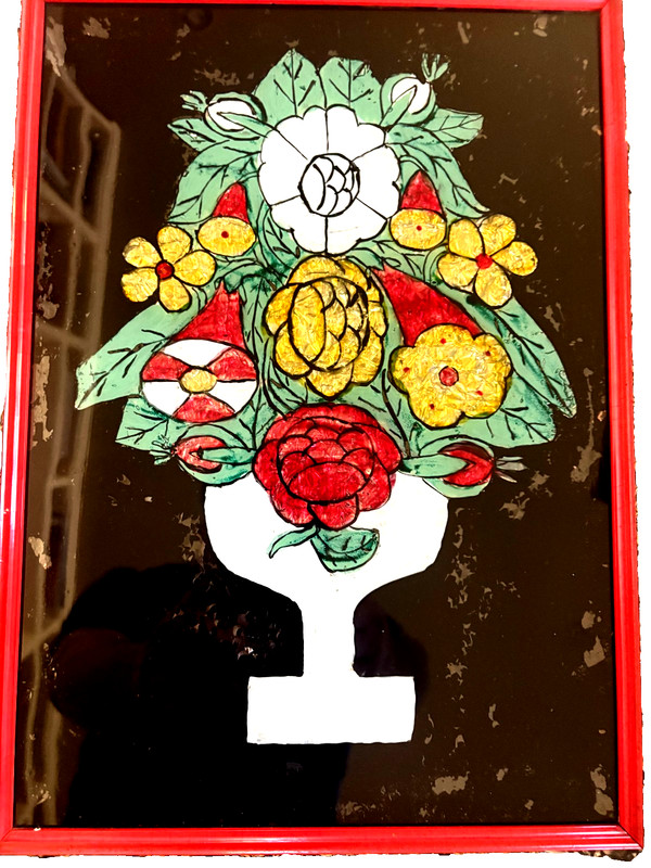 Vintage Reverse Painted Glass Tinsel Foil Floral Folk Art Framed Vase gallery