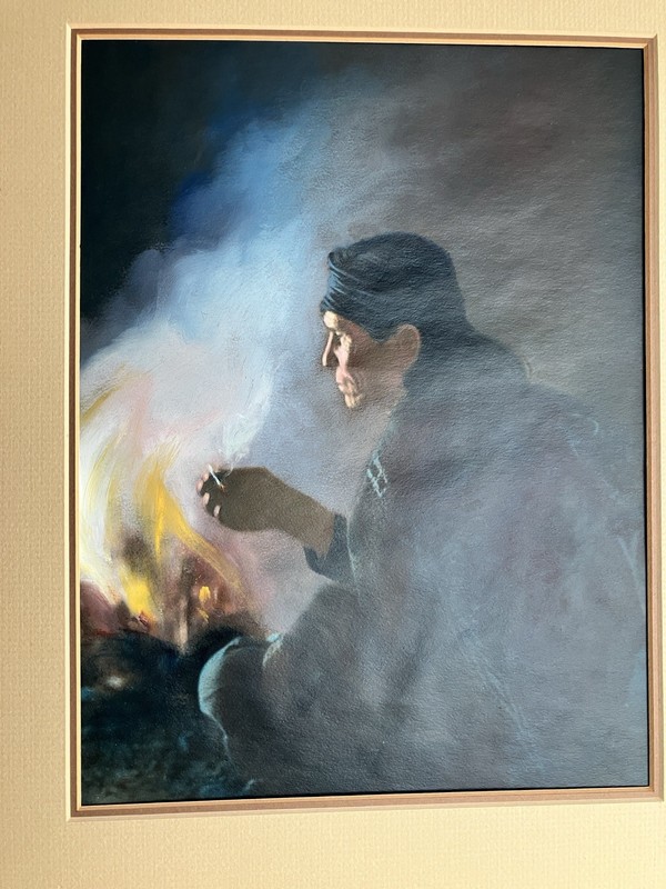 Attributed J. R. Willis "Tall Scout - Native Man By Fire" Gouche Painting gallery