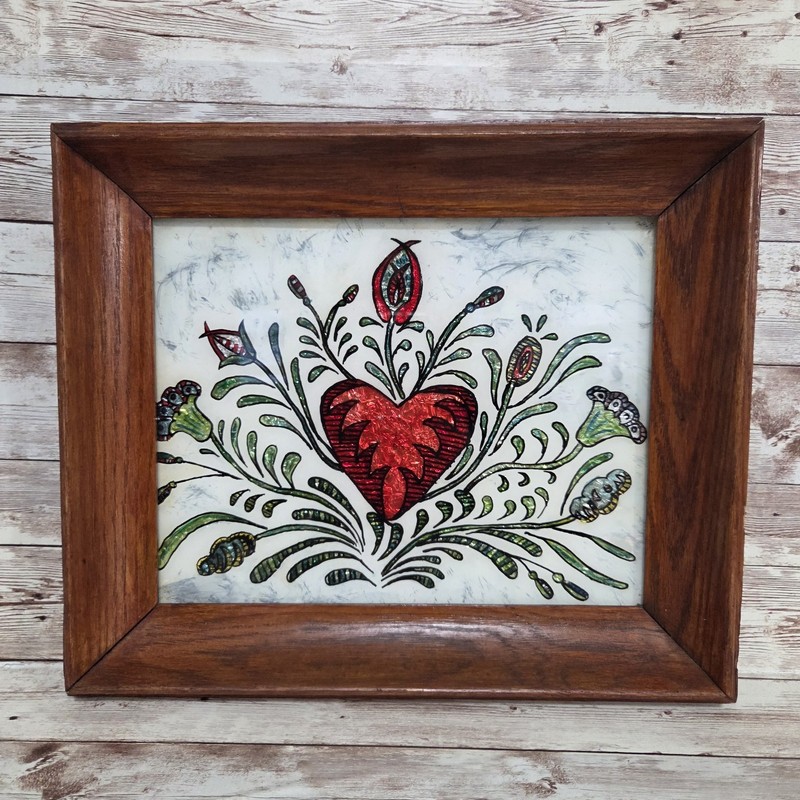 Vintage Tinsel Art Reverse Glass Painting Wood Frame Traditional Ornate Floral