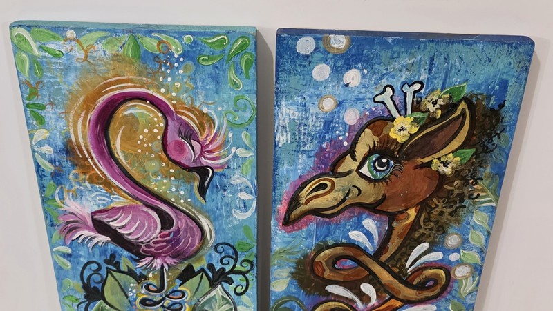 Whimsical Flamingo And Giraffe Paintings On Wood Pair Signed gallery