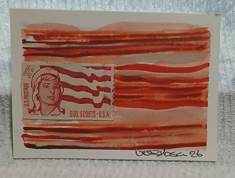 Postal Whimsy Girl Scouts — OOAK Mixed Media ACEO Vintage 4¢ Stamp Art