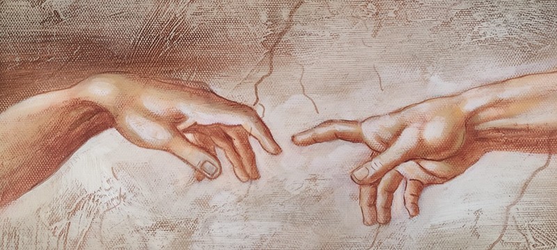 Original Signed Acrylic Pastel Painting Michelangelo The Creation of Adam Framed gallery