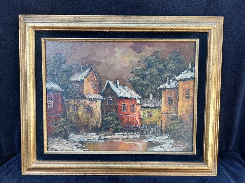 EUROPEAN OLD WORLD VILLAGE STREET SCENE FRAMED CANVAS PAINTING