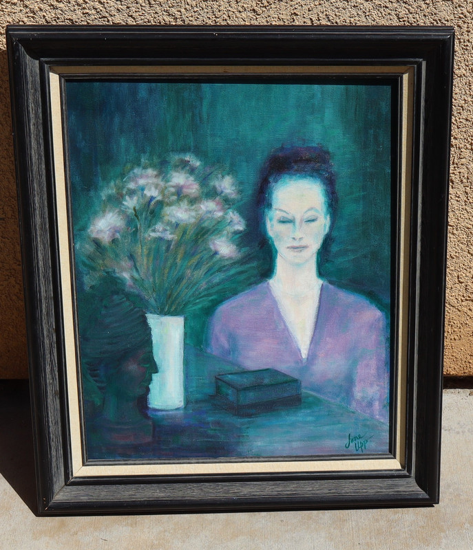 JANE UPP California Artist Woman w/ Flowers & Objects original oil painting 1972