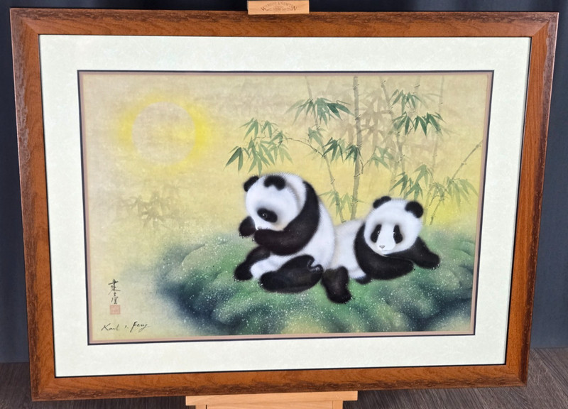 Karl J. Feng "Pandas" bear original watercolor painting signed w card 25" x 17" gallery