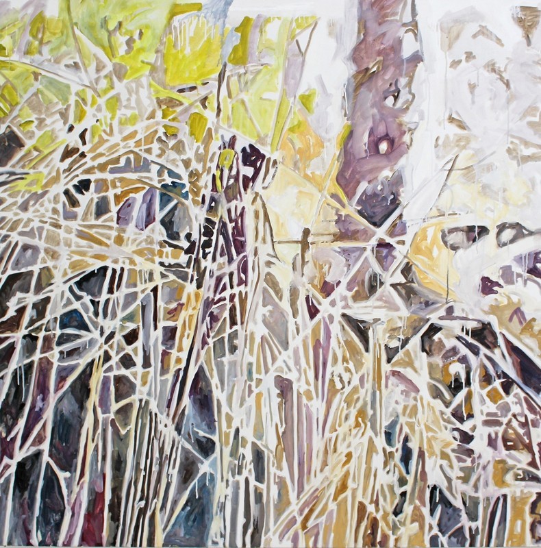 Large landscape abstract painting on canvas, signed by artist, 48 x 48 in