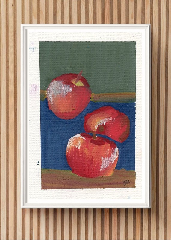 ACEO Apples with Blue Fall Acrylic Markers OOAK Original Art SaraClaireArt
