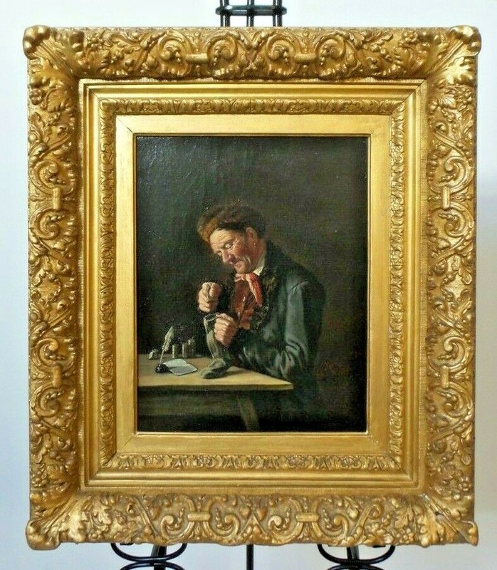 Antique 1886 German MAX KAUFMANN Oil on Canvas Painting Money Counting Merchant gallery