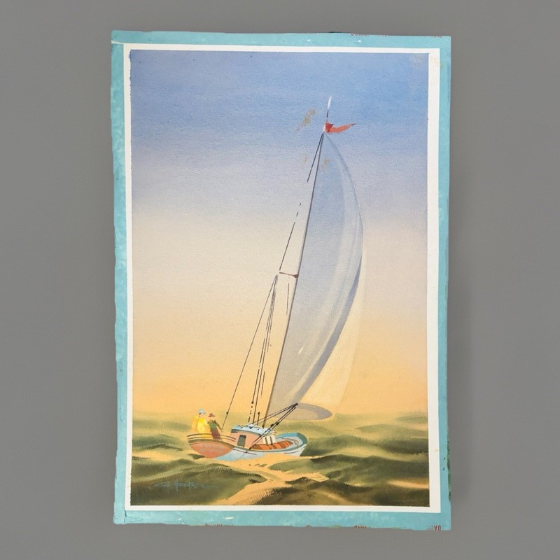 Watercolor Painting Tuna King Sailboat Seascape Nautical SIGNED Unframed 20 x 13