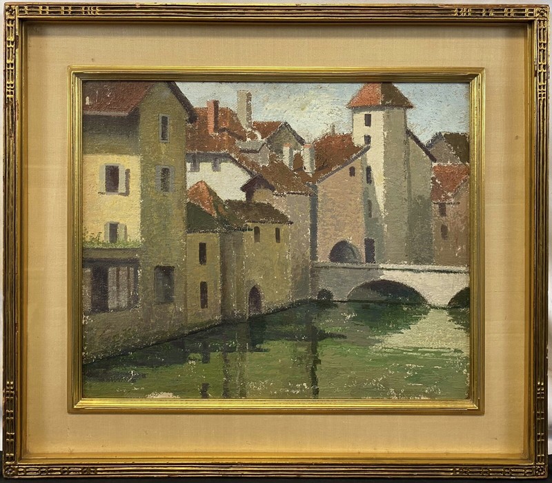 Original 20th C. Emma Fordyce MacRae Annecy France Canals Cityscape Oil on Board