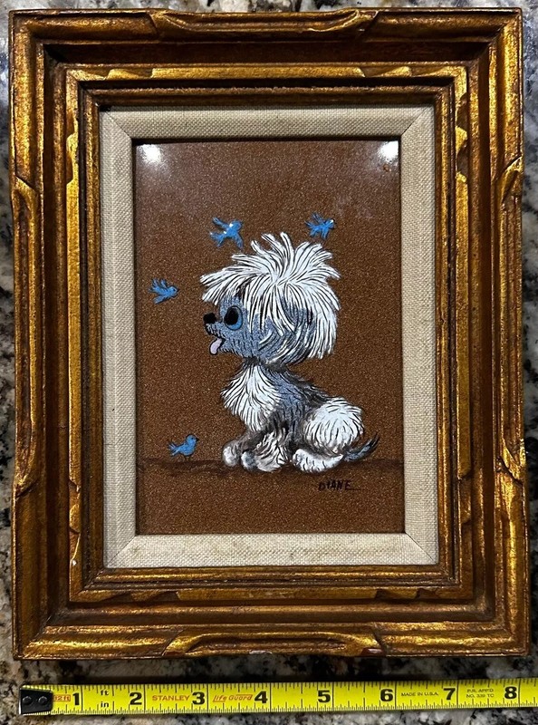 DIANE MINGOLLA SIGNED Puppy Profile With Bluebirds ENAMEL ON COPPER PAINTING gallery